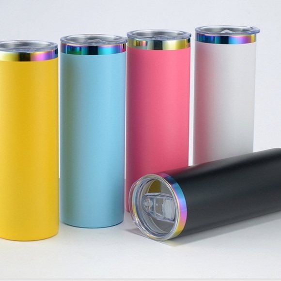 BLUE 20oz Rainbow Plated Powder Coated Skinny Tumblers BLUE FLORAL BOW - Picture 5 of 7